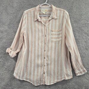 C&C California Women's 100% Linen Button Up Blouse Large Striped Roll Tab Sleeve